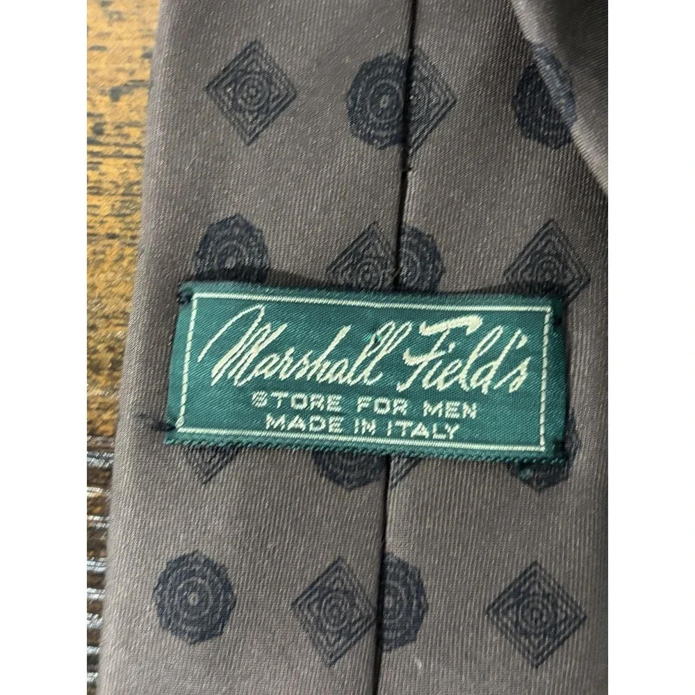 Vintage Marshall Field's Italian Silk Tie Brown Black Medallion Slim 3